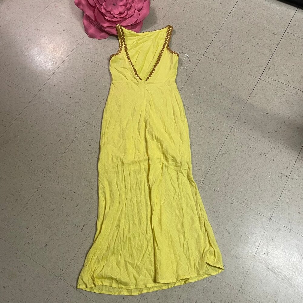 HELLO MOLLY Ric Rac Trim Country Summer Linen Blend Maxi Dress Yellow/Brown - Picture 7 of 11
